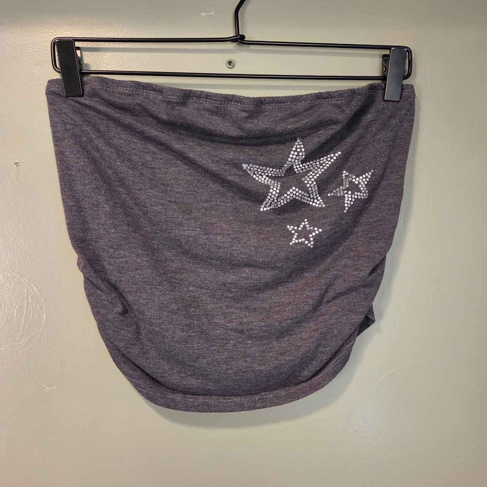 Sleeveless Cropped Knit Top‎ Rhinestones Stars Women's Size L Gray Silver